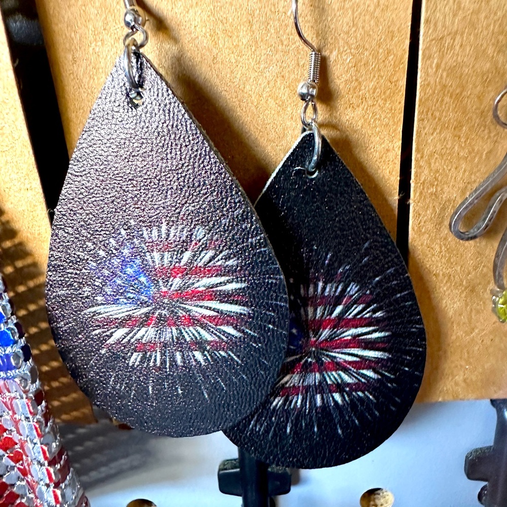 Firework, 4th of July earrings. Lightweight. Leather.